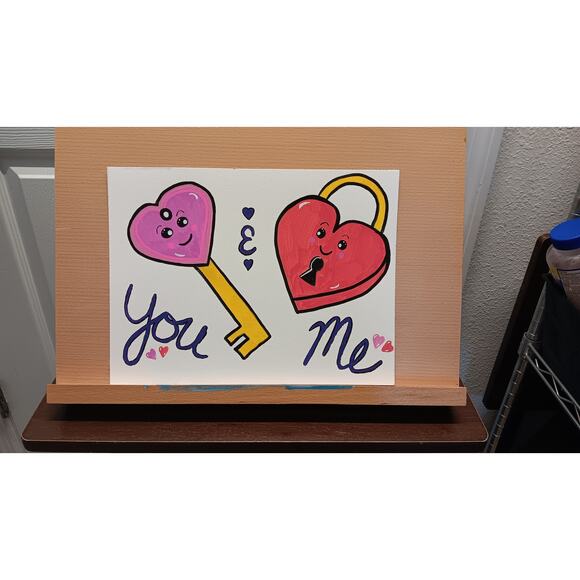Lock & Key Kawaii You Me Romantic 9x12 Inch OOAK Original Acrylic Painting - Picture 2 of 2